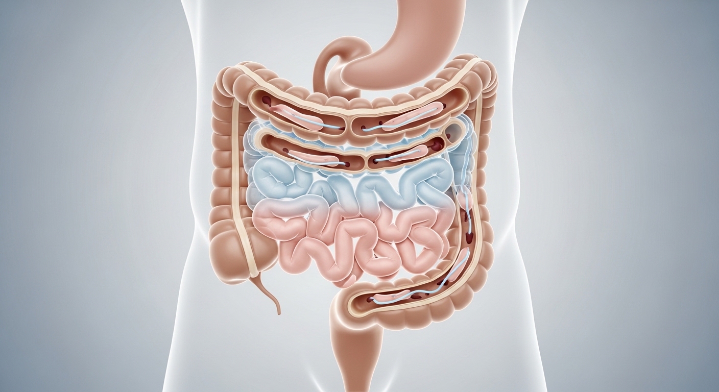 Ilustração do intestino humano mostrando o trânsito intestinal