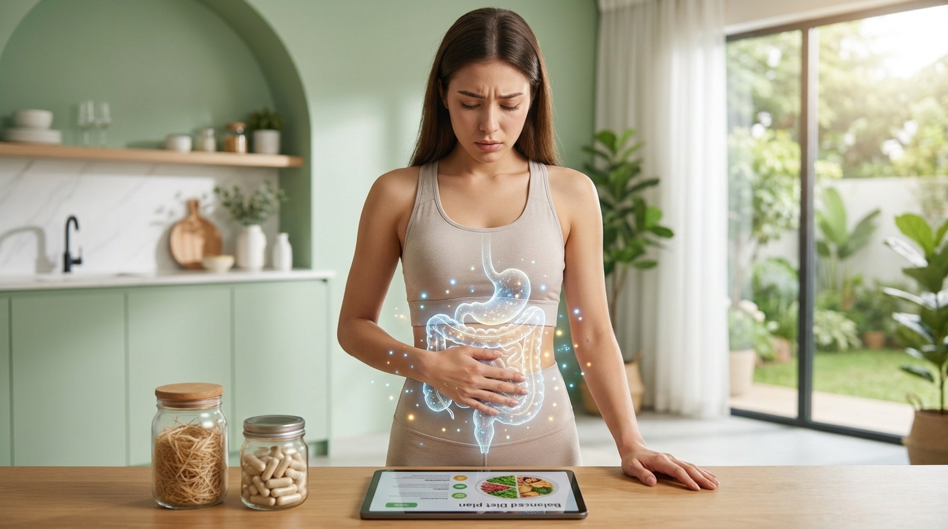 Pessoa segurando a barriga relacionada à saúde intestinal e emagrecimento